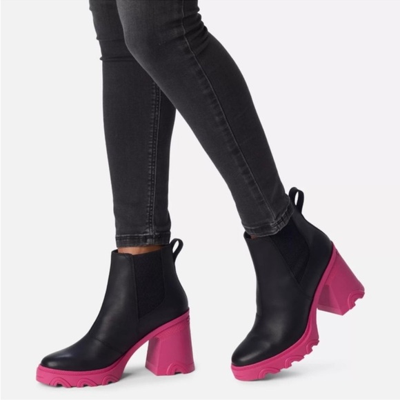 Sorel Brex Heel Chelsea Bootie boot shoe black hot pink platform 6 6.5 bootie - Picture 1 of 7